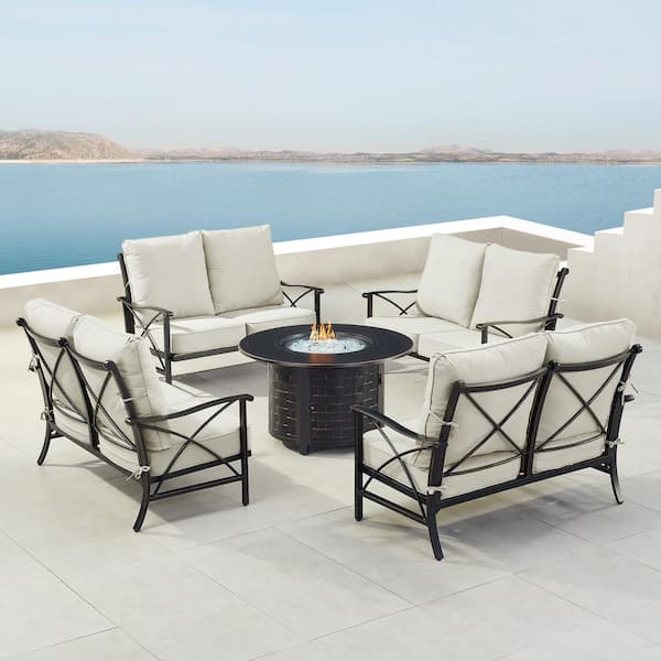 Oakland Living Black 5 Piece Aluminum Patio Fire Pit Table Set with 4 Deep Seating Loveseats Light Grey Cushions