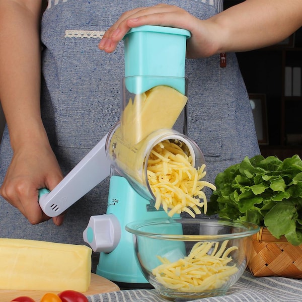 Rotary Hand Crank Cheese Grater and Shredder with Non-slip Suction Base, 3 Blades and Free Cleaning Brush, Blue