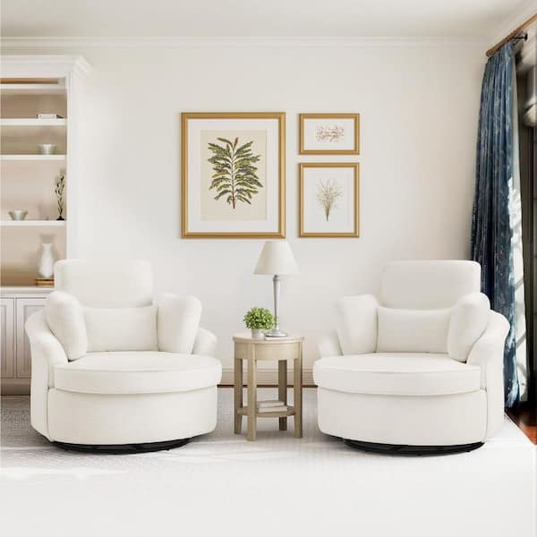 White Chenille Upholstered Swivel Barrel Chair with 3 Removable Pillows Swivel Accent Chair for Living Room Set of 2