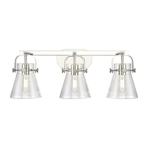 Innovations Pilaster II Cone 26.5 in. 3-Light Polished Nickel Vanity Light with Glass Shade