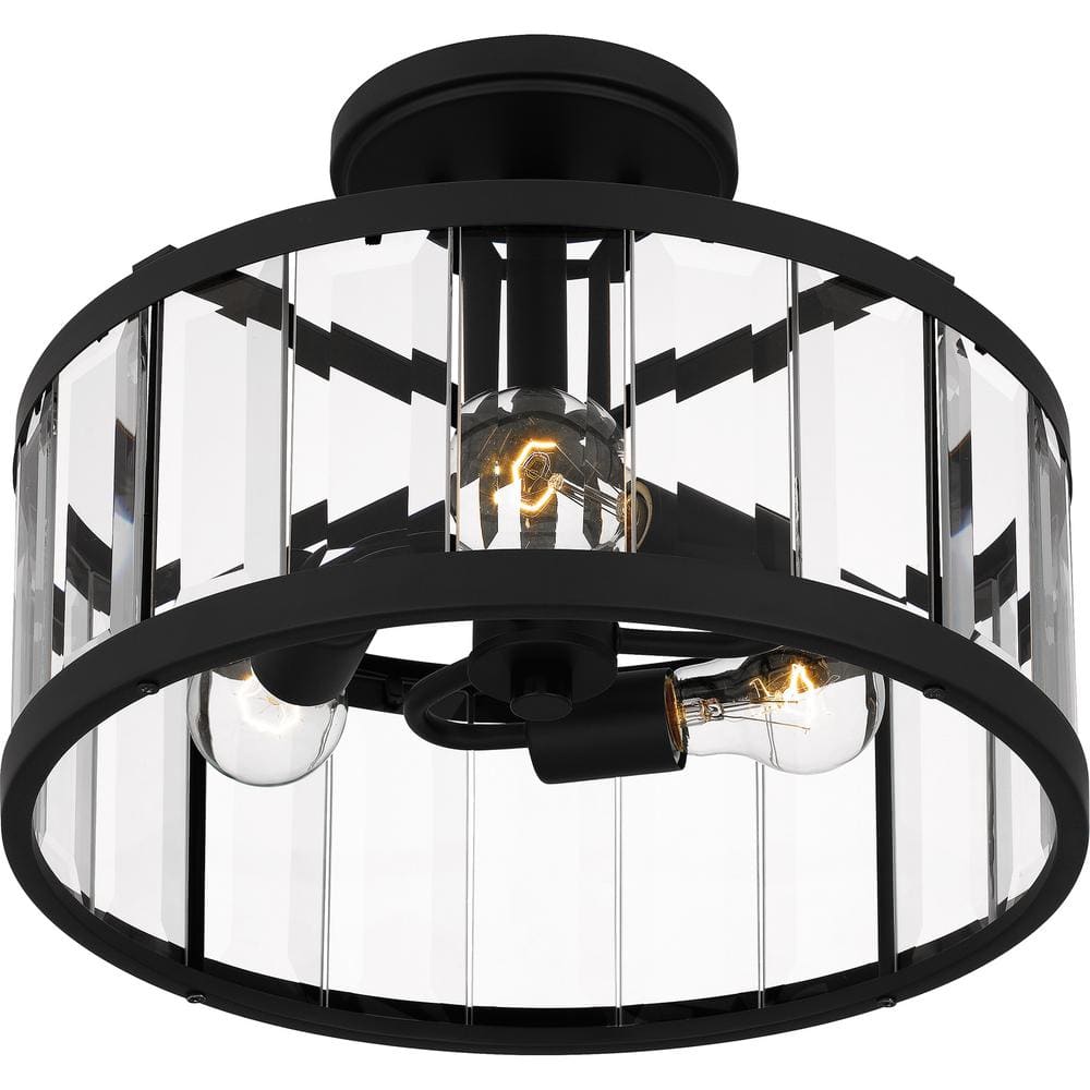 Lucia Matte Black and Glass Drum Semi-Flush Mount Light