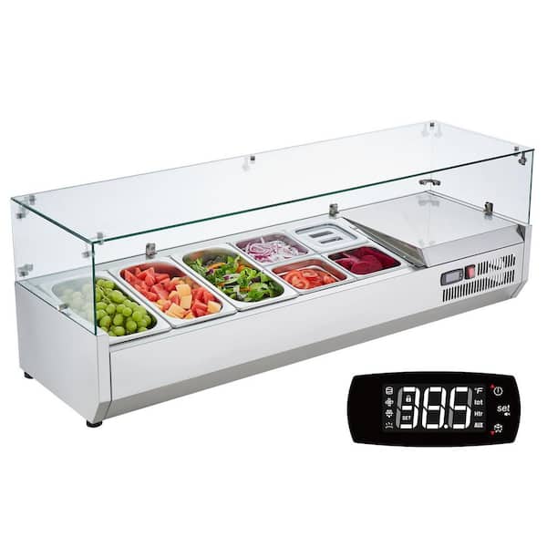 VEVOR Refrigerated Condiment Prep Station 140 W Countertop with 3 1/3 Pans and 4 1/6 Pans 304 Stainless Body and PC Lid