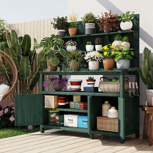 50.2 in. W x 65.4 in. H Green 100% Fir Wood Potting Bench Hutch with Side Hooks and Cabinets