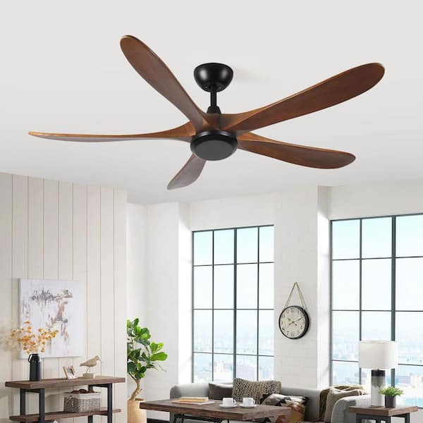 62 in. W Indoor/Outdoor Black Downrod Mount Standard Ceiling Fan with Wood Blades, Wall and Remote Control, No Light