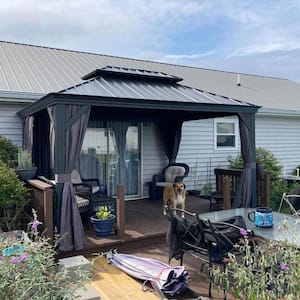 10 ft. x 13 ft. Gray Aluminum Hardtop Gazebo Canopy for Patio Deck Backyard Heavy-Duty with Netting and Curtains