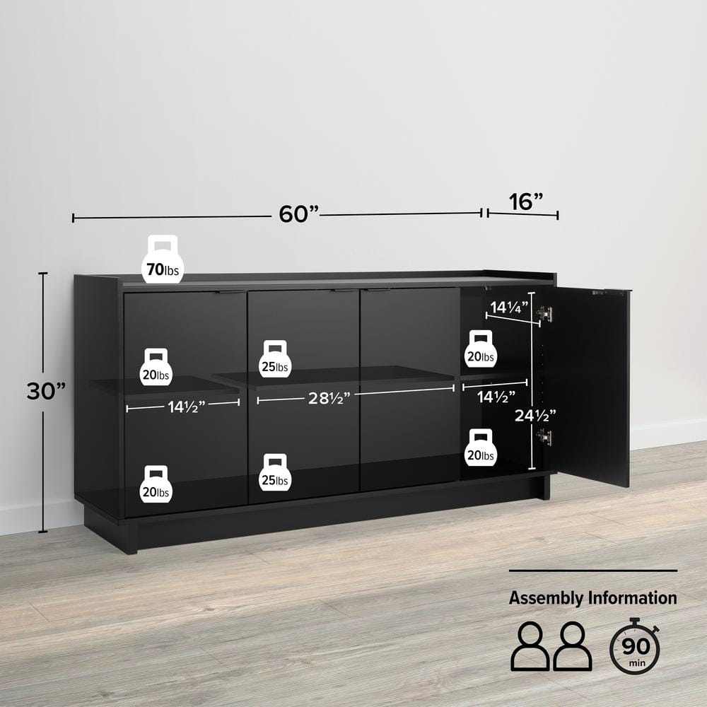 Prepac Black 4-Door Console Table with Adjustable Shelving