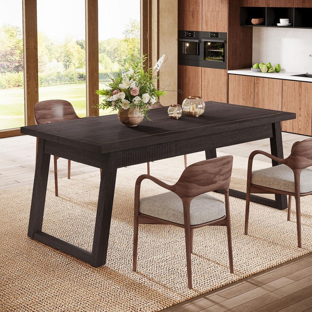 Moronia Dark Brown Wood 55 in. Trestle Dining Table Seats 6, Mid-Century Dinner Kitchen Table with Solid Wood Legs price history on PriceWatchPro