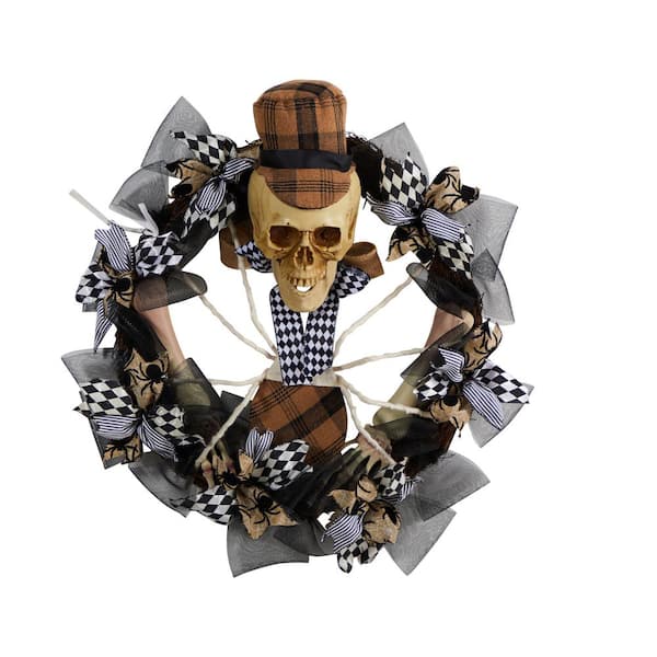 Nearly Natural 24 in. Black Skull in Plaid Mesh Halloween Wreath