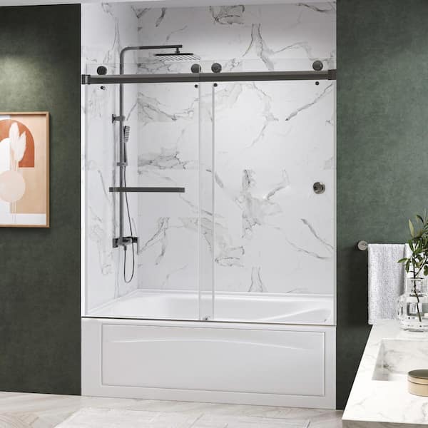 Kobiworks CatalystFP 60 in. W x 72 in. H Double Sliding Frameless Shower Door in Chrome with 3/8 in. Clear Glass