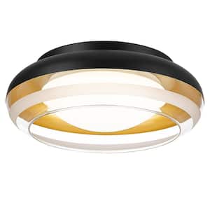 15 in. 18-Watt Modern Black Integrated LED Flush Mount with Striped Clear Glass
