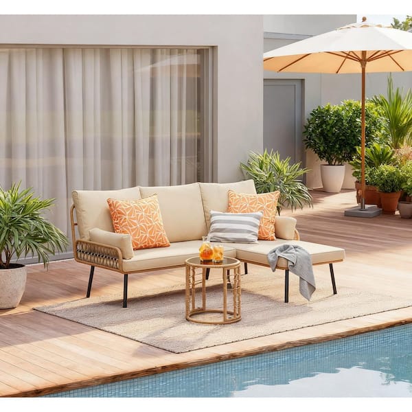 2-Piece Outdoor Patio Furniture Set, Beige Wicker Conversation Sofa with Cushions and Table for Porch, Balcony