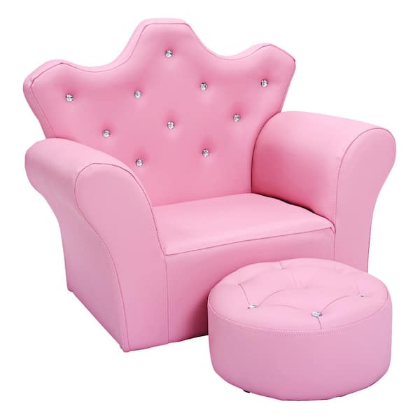 Costway Pink Faux Leather Upholstery Princess Kids Arm Chair Kids Sofa with Ottoman
