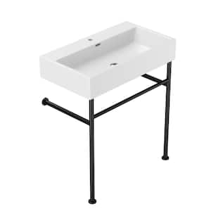 30 in. Ceramic White Single Bowl Console Sink Basin and Black Legs Combo with Overflow