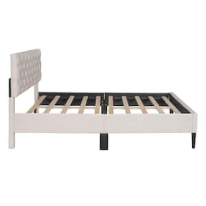 Beige Wood Frame Full Size Upholstered Linen Platform Bed