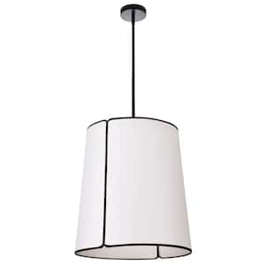 Notched Drum 3-Light Black Shaded Pendant Light with White with Black Trim Fabric Shade