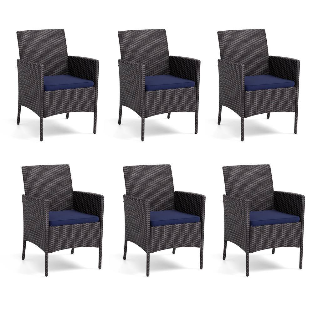 Black Rattan Metal Patio Outdoor Dining Chair with Beige Blue Cushion (6-Pack) price history on PriceWatchPro