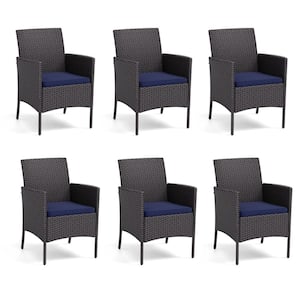 Black Rattan Metal Patio Outdoor Dining Chair with Beige Blue Cushion (6-Pack)