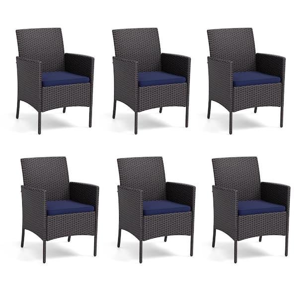 PHI VILLA Black Rattan Metal Patio Outdoor Dining Chair with Beige Blue Cushion (6-Pack)