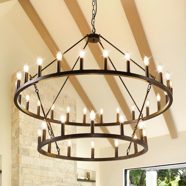 47 in. 36-Light Black 2 Tier Large Farmhouse Wagon Wheel Loft Retro Round Chandelier for Living Room Foyer Cafe Bar