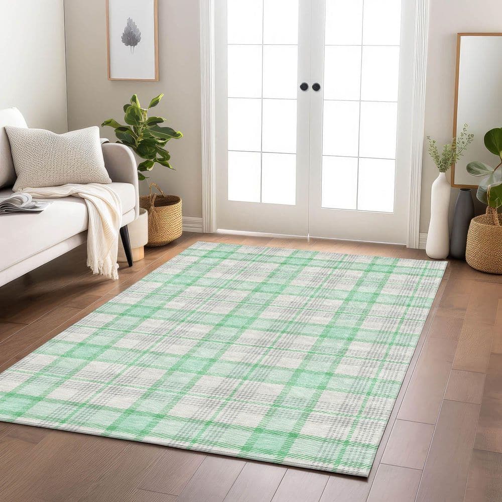 Green and White Plaid Indoor Outdoor Area Rug, 8' x 10'