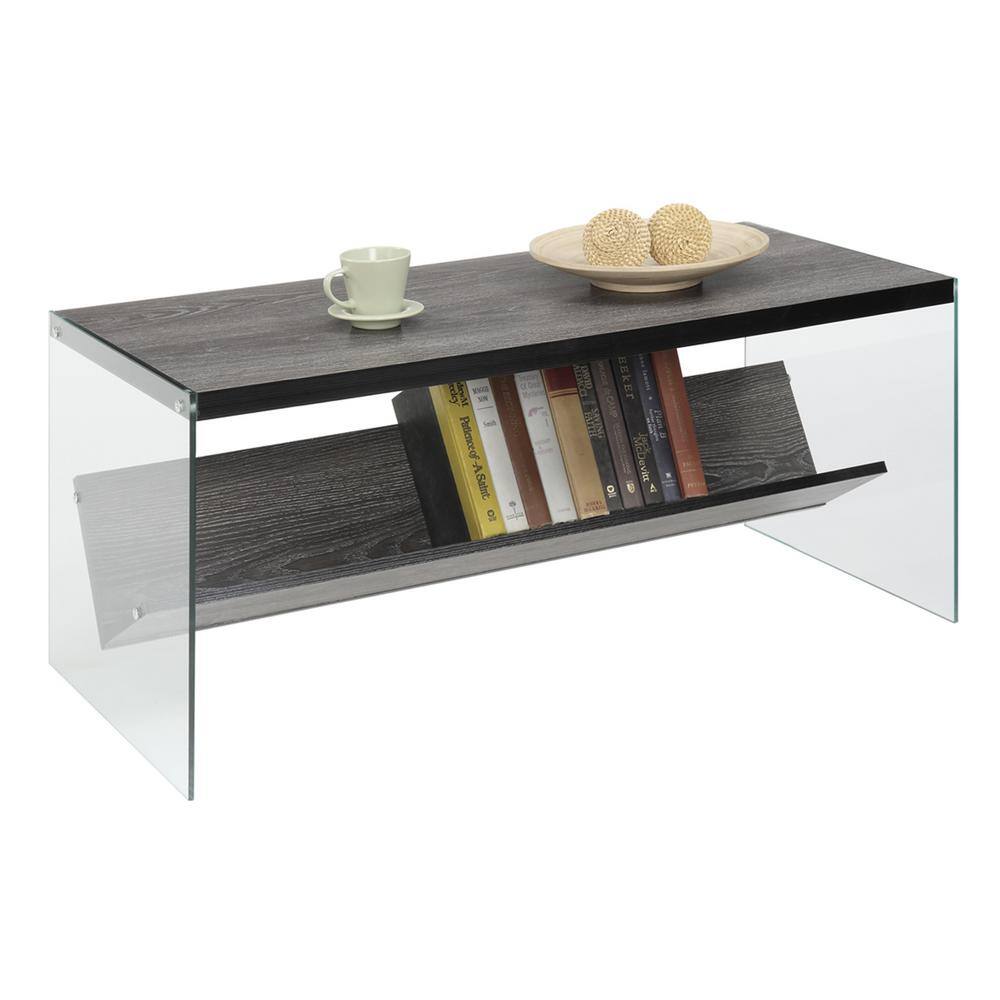 Weathered Gray and Glass Modern Coffee Table with Shelf