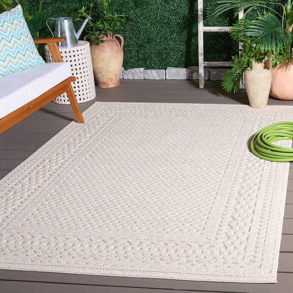 Global 5 ft. x 8 ft. Light Beige/Ivory Solid Ornate Border Indoor/Outdoor Area Rug