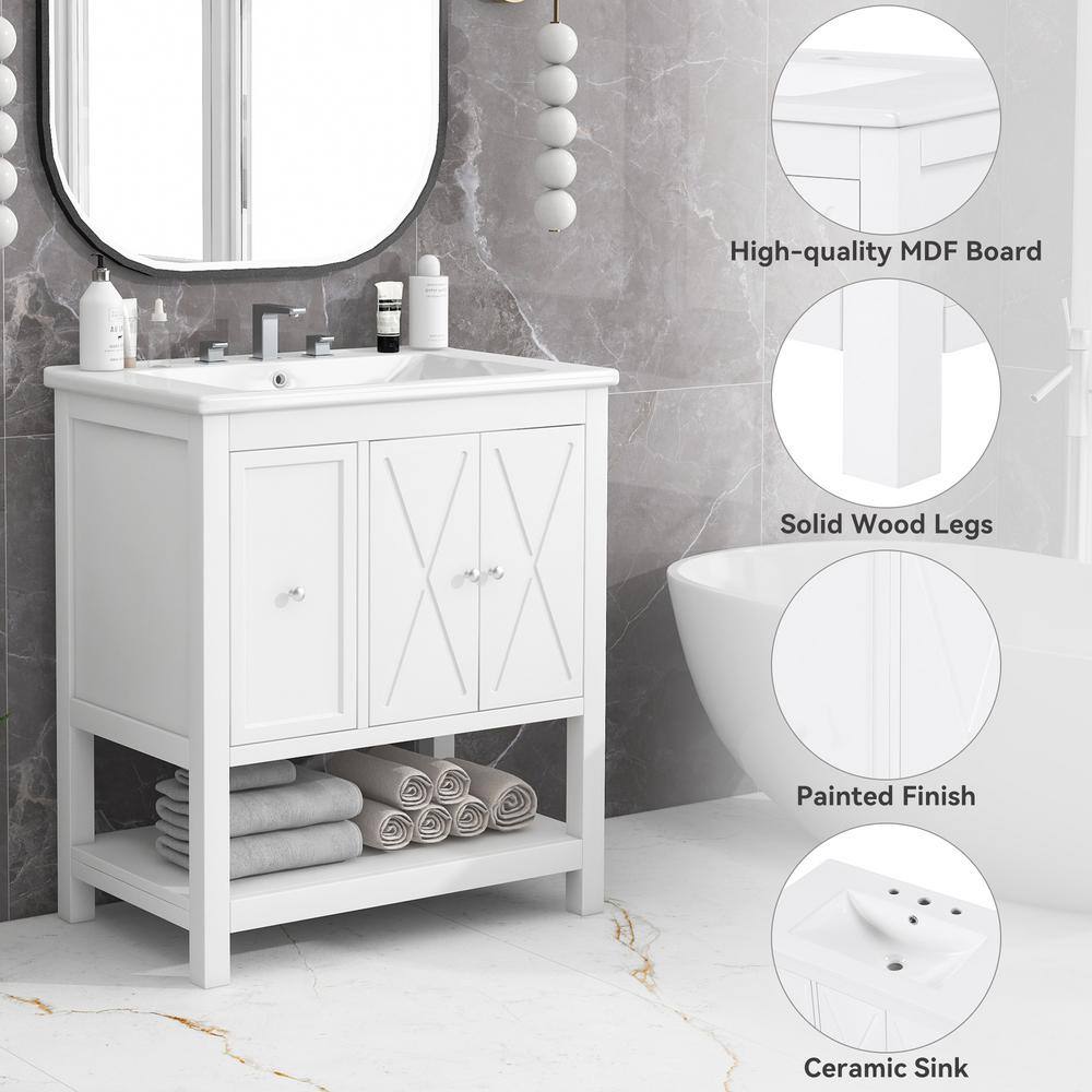 White Ceramic Top Single Sink Freestanding Bathroom Vanity