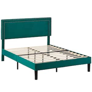 Upholstered Bed with Adjustable Headboard, No Box Spring Needed Platform Bed Frame, Bed Frame Green Full Bed