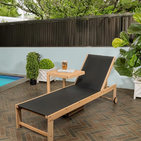 JONATHAN Y Trabuco Coastal Modern Acacia Wood Mesh 3-Position Outdoor Chaise Lounge Set with Side Table, Dark Gray/Light Teak