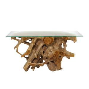 54 in. Brown Rectangle Teak Wood Handmade Live Edge Tree Stump Console Table with Clear Glass Top