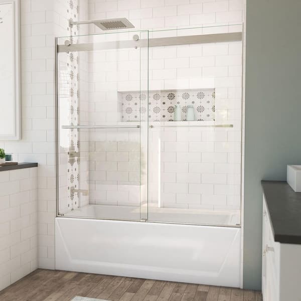 DreamLine Essence 60 in. W x 60 in. H Sliding Frameless Tub Door in Brushed Nickel with Clear Glass