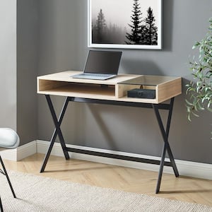 42 in. Rectangle Birch Wood and Glass X-Leg Computer Desk with 2-Cubbies