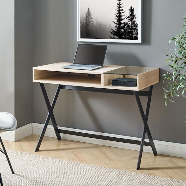 Welwick Designs 42 in. Rectangle Birch Wood and Glass X-Leg Computer Desk with 2-Cubbies