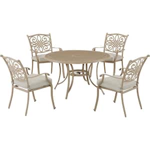 Traditions 5-Piece Metal Outdoor Dining Set with 4 Stationary Chairs with Cushions and Cast-Top Table, Sand Finish