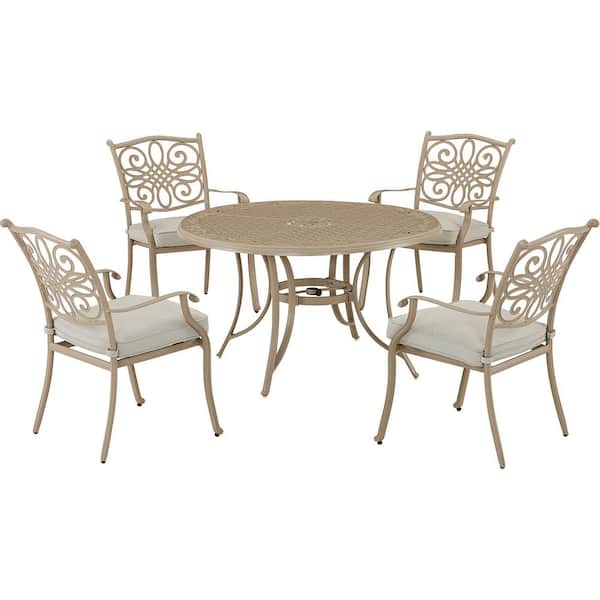 Hanover Traditions 5-Piece Metal Outdoor Dining Set with 4 Stationary Chairs with Cushions and Cast-Top Table, Sand Finish