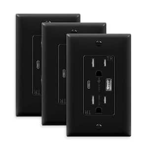 15 Amp Tamper Resistant Decorator Duplex Receptacle, USB Type A and C Outlet with Wall Plate, Black (3-Pack)
