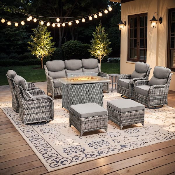 Holion Gray 9-Piece Outdoor Wicker Patio Fire Pit Conversation Sets with Gray Cushions and Swivel Rocking Glider Chairs
