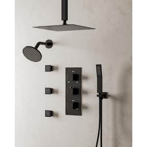 Thermostatic Valve 8-Spray 12 in. and 6 in. Ceiling Mount Dual Shower Head and Handheld Shower 2.5 GPM in Matte Black