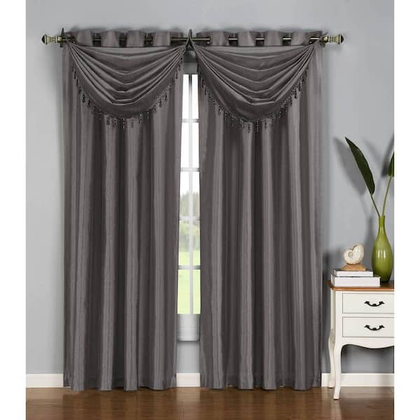 Window Elements Semi-Opaque Jane Faux Silk 84 in. L Grommet Curtain Panel Pair, Charcoal (Set of 2)