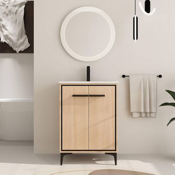 ARTCHIRLY 24.02 in. W x 18.31 in. D x 33.86 in. H Freestanding Bath Vanity in Light Brown with White Ceramic Vanity Top