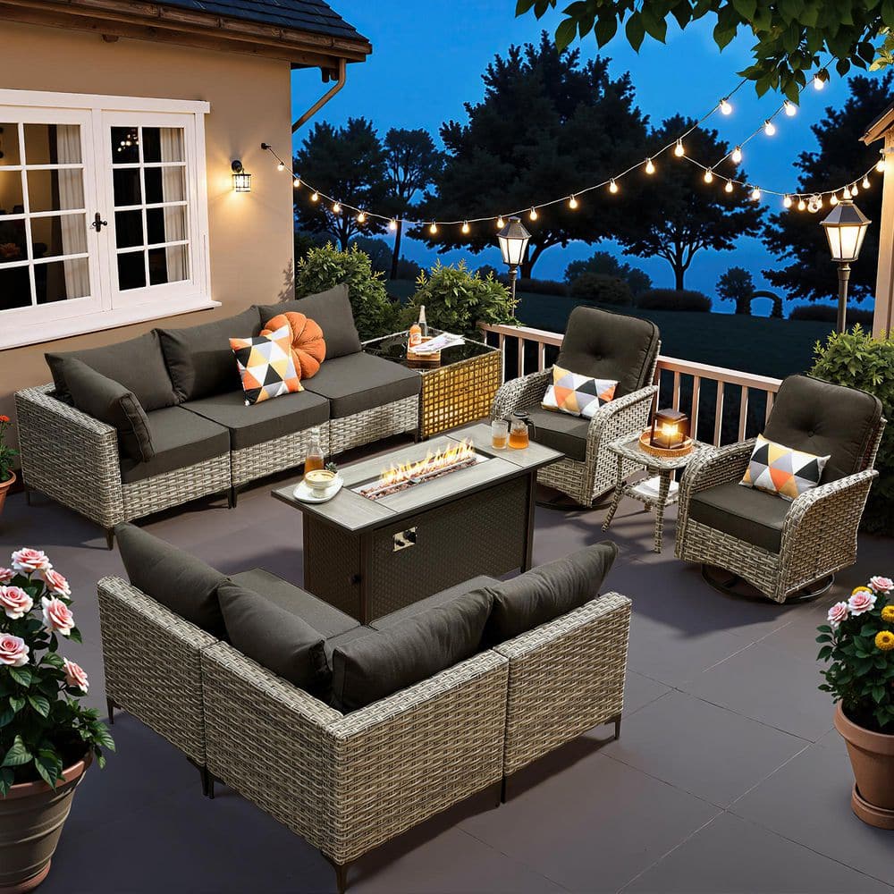 OVIOS Holly Gray 11-Piece Wicker 54 in. Rectangle Fire Pit Patio