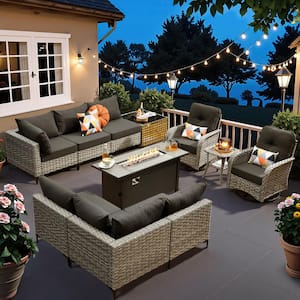 OVIOS Holly Gray 11-Piece Wicker 54 in. Rectangle Fire Pit Patio