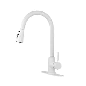 Single Handle Gooseneck Pull Down Sprayer Kitchen Faucet with Deckplate Included in Matte White