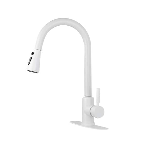 WELLFOR Single Handle Gooseneck Pull Down Sprayer Kitchen Faucet with Deckplate Included in Matte White