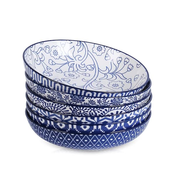 Porcelain 26 oz Pasta and Serving Bowls Set of 6, 8 in Wide Shallow, Microwave and Dishwasher Safe Durable