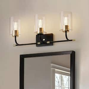 24 in. 3-Light Matte Black Vanity Light with Clear Cylinder Glass Shade Dimmable for Bathroom and No Bulbs Included