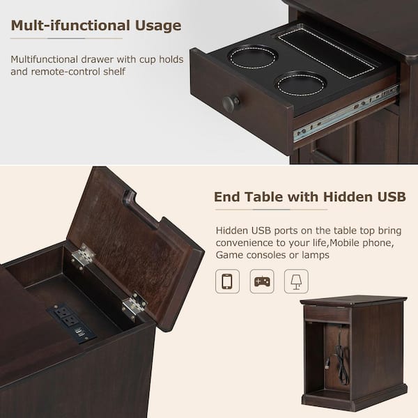 Dark Brown Classic Vintage Rectangle Side Table with USB Ports and
