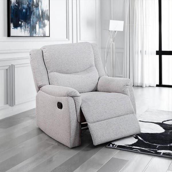 Benjara Ammy Sincere Bone White Fabric Glider Manual Recliner Chair with Pillow Arms