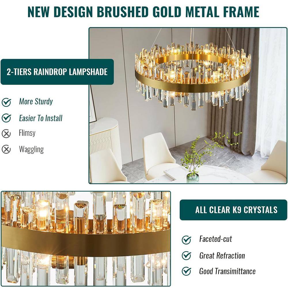 Gold Brass 16-Light Crystal 2-Tier Round Chandelier