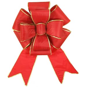 18 in. Red Nylon Outdoor Christmas Puff Bow with Gold Trim